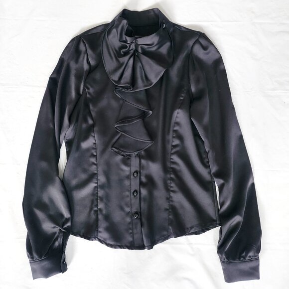 NWOT Shiny Black Blouse with Cascade Ruffle, Med - Picture 2 of 9